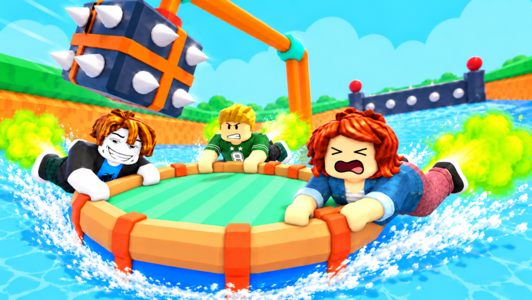 Three cartoon Roblox characters on a round raft speeding through water past spiked blocks, green clouds behind.